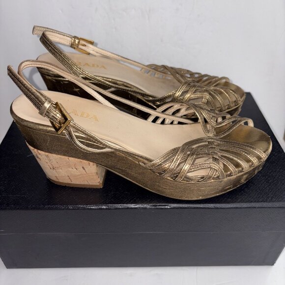 Vintage Prada Heels Gold Slingback Size EUR 37 US 7 with Box & Shoe Bags - Picture 6 of 16